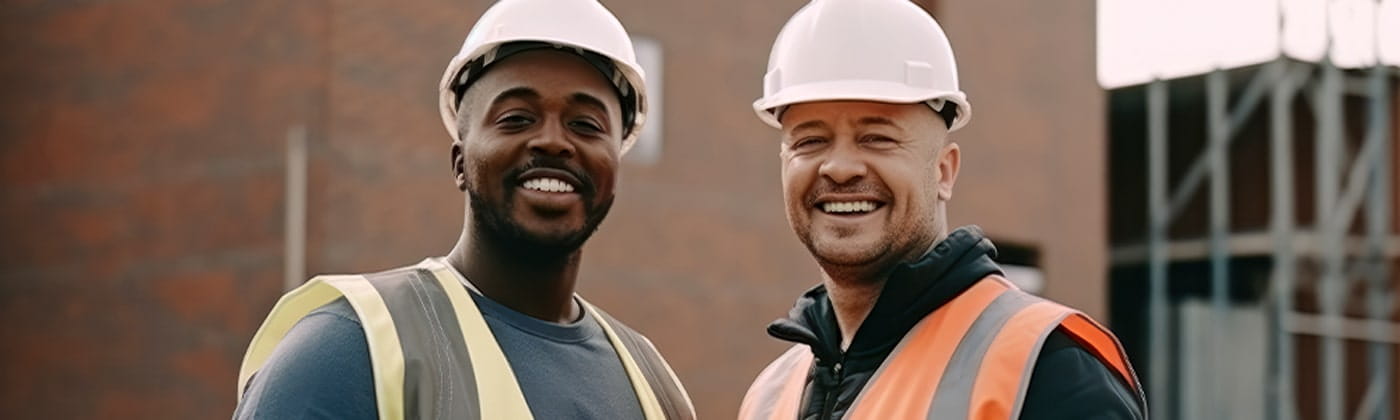 zwei Baustellen-Arbeiter mit Helm lächeln